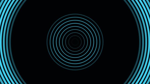 Blue concentric circles emanating from center in rhythmic motion on solid black background footage.
