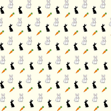 Seamless pattern with cute white and black rabbits and carrots on light background