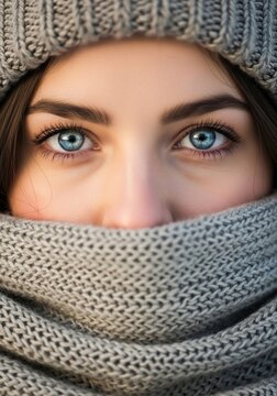 冬の寒さ、ニット帽とマフラーで顔を覆う、澄んだ青い瞳の女性のクローズアップ