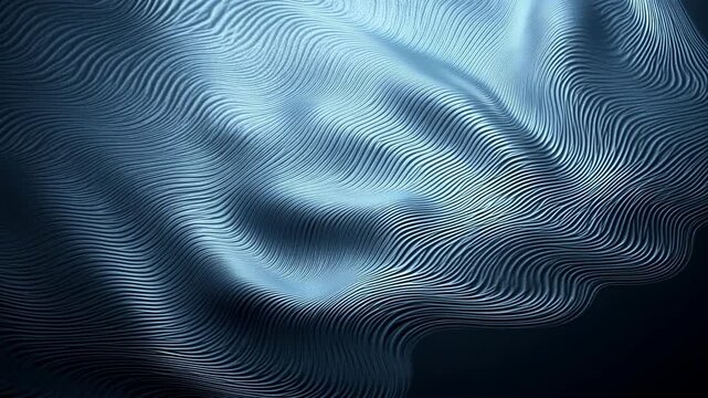 Abstract layered line surface slowly ripples and folds into flowing blue ridges, while luminous highlights drift across dense contour patterns over a deep navy background