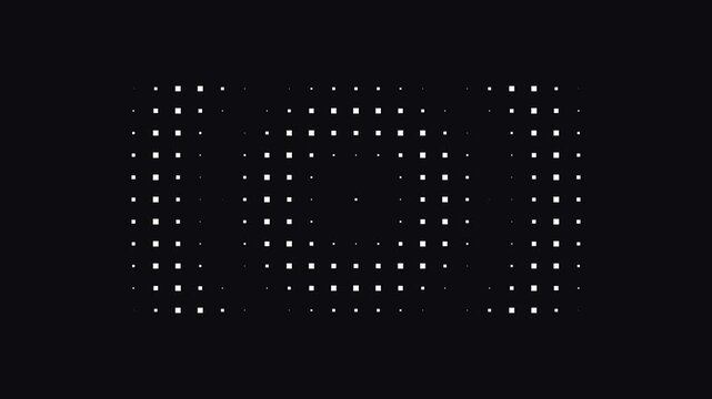 Digital data stream animation featuring white pulsating square pixels on dark background motion.