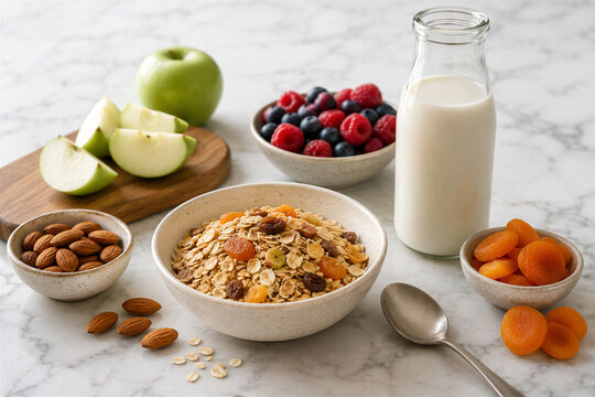 Healthy Muesli Breakfast with Milk, Fruit and Nuts