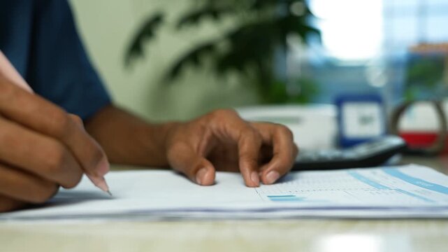 Person Reviewing a Financial Chart on Paper, Close-up of a person reviewing paperwork and pointing at a printed chart on a desk, with an office plant blurred in the background.