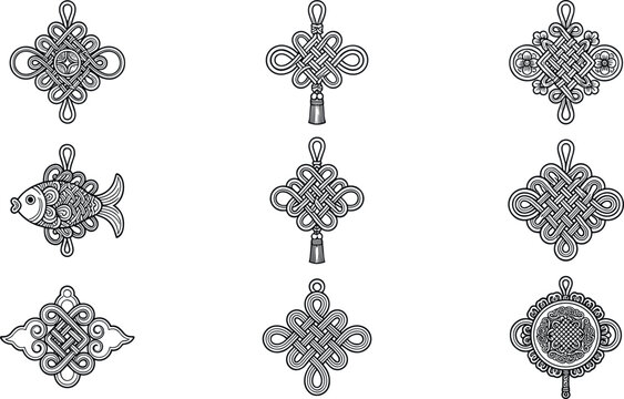 Traditional Chinese knot vector set with lucky fish tassels and oriental decorative ornaments for lunar new year designs