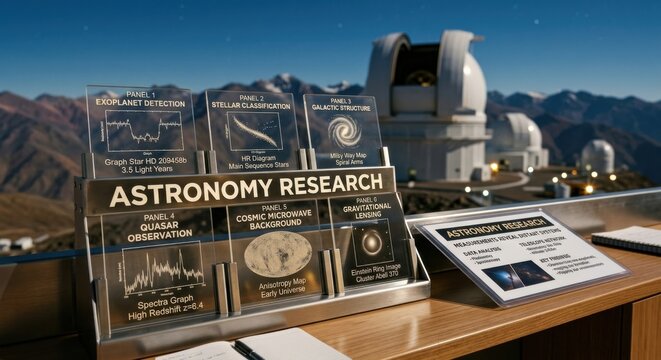 Astronomy Research Exhibit at Observatory with Telescopes and Mountain Backdrop