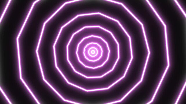 Neon glowing purple octagons pulsating in infinite tunnel formation bright digital light motion loop.