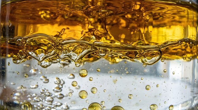 Abstract close up of golden oil and clear water bubbles separating in glass texture macro background for science or cooking concept