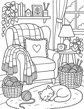 Cozy Home Interior Scene with Armchair, Sleeping Cat, and Knitting Yarn for Relaxing Adult Coloring Page