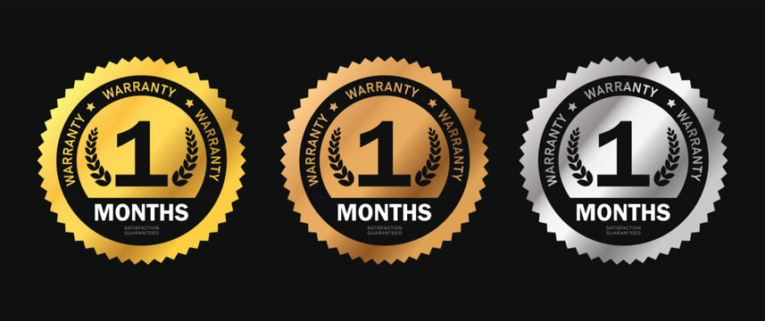 1 months warranty icon in gold circle with circular text. Two months warranty label in gold, bronze, silver colors. 