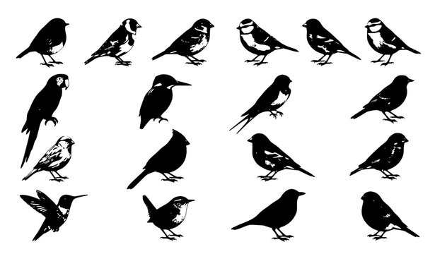 Black bird silhouette vector set with eighteen species including hummingbird sparrow finch and robin, isolated icon collection