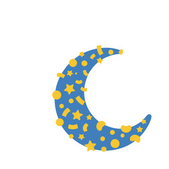 Blue crescent moon with yellow stars and confetti © tab