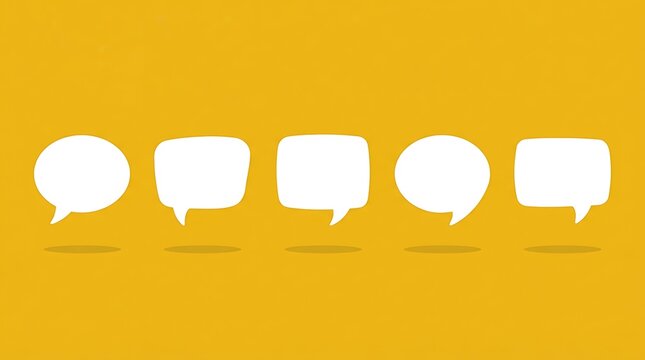 Five empty speech bubbles of different forms are aligned on a bright solid yellow backdrop providing room for adding your own text