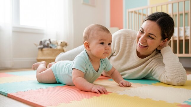 Baby lifting head during tummy time, Parent reacting with delighted smile, Early developmental milestone at home, Colorful minimal nursery lifestyle scene