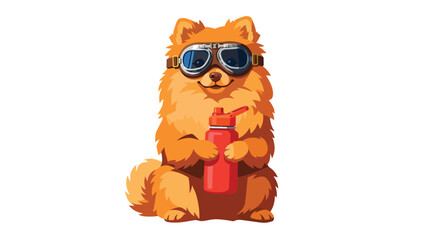 Fototapeta premium Fluffy Dog Wearing Goggles Holds Water Bottle