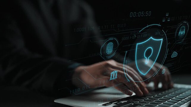 Cyber security interface with biometric and AI-powered protection system. Cyber security secures access, cybersecurity protects identity, cybersecurity detects threats, and defends data. Marrow