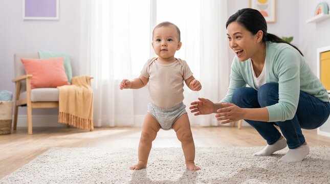 Baby standing alone on rug, Parent amazed by balance milestone, Infant development in bright home, Colorful minimal family lifestyle scene