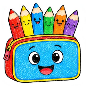 Cute Pencil Case with Colored Pencils Characters Crayon Drawing