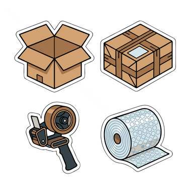 Shipping and Packaging Supplies Sticker Set &ndash; Cardboard Box, Wooden Crate, Tape Dispenser and Bubble Wrap Illustration