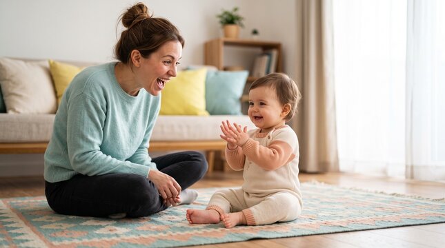 Baby clapping hands with joy, Parent reacting to imitation milestone, Infant social development at home, Colorful minimal family lifestyle scene