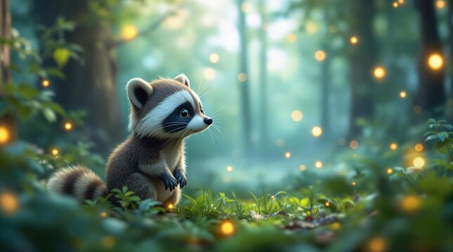 Cute Baby Raccoon in Magical Enchanted Forest with Glowing Lights