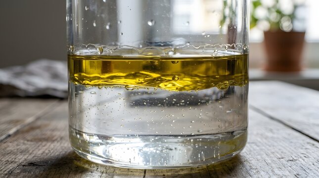 Oil and water separated in clear glass container showing density and polarity difference science experiment