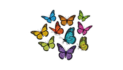 Obraz premium Colorful swarm butterfly vector illustration set featuring bright vibrant flying insects circle isolated on white background
