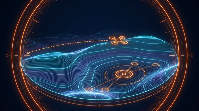 Autonomous Drone Telemetry HUD Display Featuring Desert Sand Dune Topographic Elevation Map, Fluid Waveform Contour Wireframe Geometry, and Desert Basin Waypoint Target Acquisition Reticle