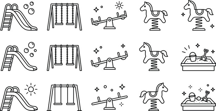 Playground icon set featuring line art vector illustrations of slides swings seesaws spring horses and outdoor sandbox variations