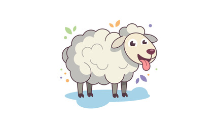 Obraz premium Ewe graphic showing a standing white sheep with grey wool and a cheerful expression in a meadow.