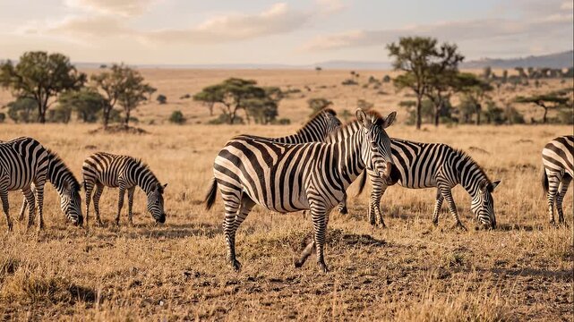 Herd of zebras grazing peacefully in the African savanna landscape.