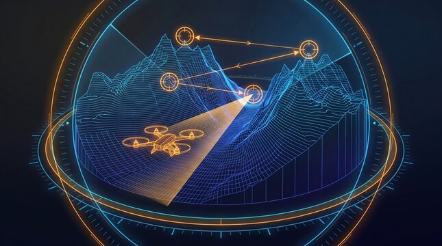 Mountain Pass Corridor Drone Flight Control Interface Showing Narrow Saddle Ridge Topographic Contours, Jagged Cliff Elevation Wireframe, and Obstacle Avoidance Waypoint Target Navigation HUD