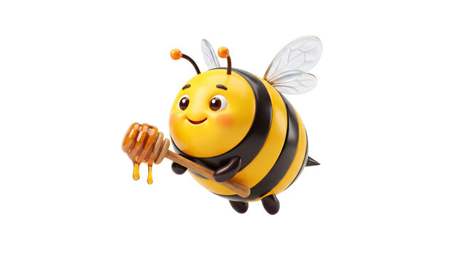 Cute bee character holding a honey dipper. 3D rendered insect illustration with transparent wings