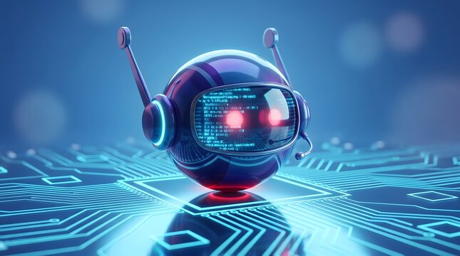 Futuristic robot head with glowing eyes and screen displaying code set against a circuit board background with neon blue lights symbolizing AI and