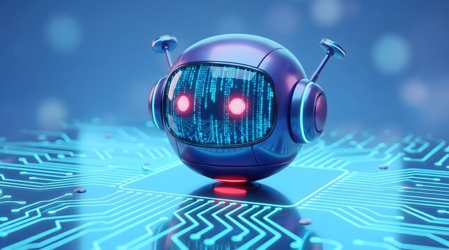 Futuristic robot head with glowing red eyes and binary code display set against a circuit board background with blue neon lights