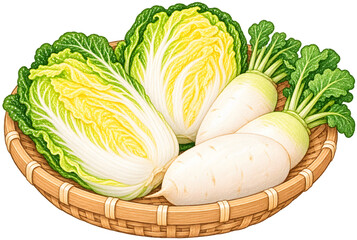 Fototapeta premium Napa Cabbage and Korean Radish in Woven Basket Hand Drawn Illustration