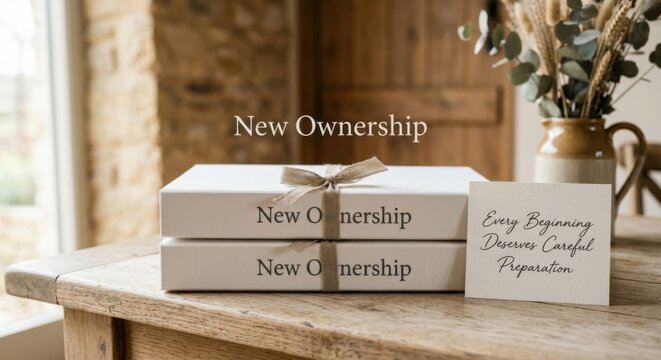 New Ownership Welcome Folders and Gift Box on Rustic Wood Table