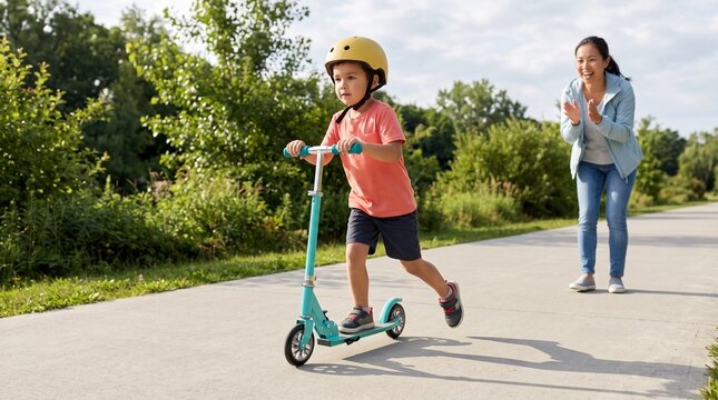 Child riding scooter confidently, Parent celebrating balance milestone, Active childhood achievement outdoors, Colorful clean family lifestyle photograph