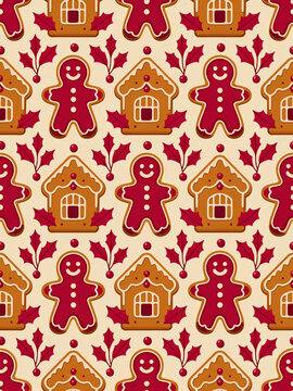 Seamless repeating pattern of gingerbread men and houses with holly leaves on cream background