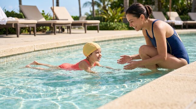 Child swimming toward parent independently, Parent celebrating water confidence milestone, Early childhood swim achievement, Colorful clean pool lifestyle scene