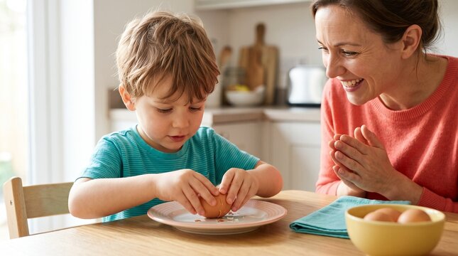 Child peeling boiled egg alone, Parent celebrating kitchen skill milestone, Early childhood practical learning at home, Colorful minimal lifestyle photograph