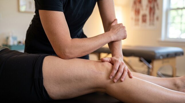 Physical therapist hands and patient leg, with elbow applying deep tissue pressure on thigh, performing myofascial release massage, in medical clinic room, sports physiotherapy photography