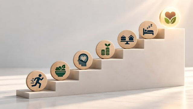 Ascending staircase with wooden icons showing the step by step journey of holistic wellness financial stability and work life balance towards ultimate health