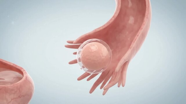 3D illustration of a human embryo implanting into the uterine wall during early pregnancy.