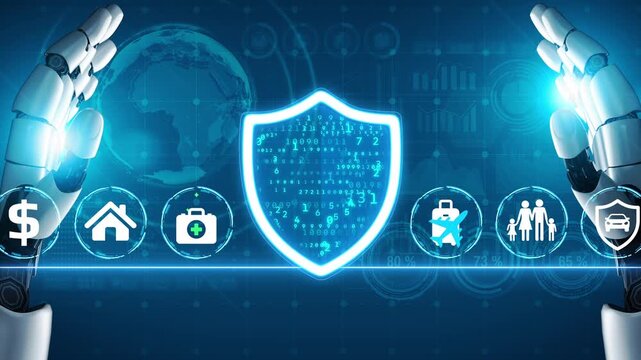 Futuristic Technology Concept with Robotic Hands Protecting Digital Security Symbols and Icons of Finance Healthcare and Family Safety. Entropy.