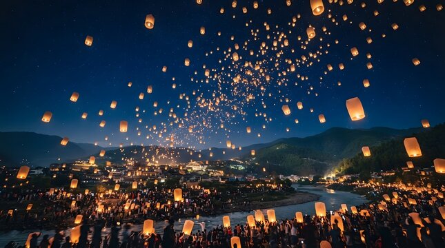 Night festival with thousands of floating sky lanterns over river