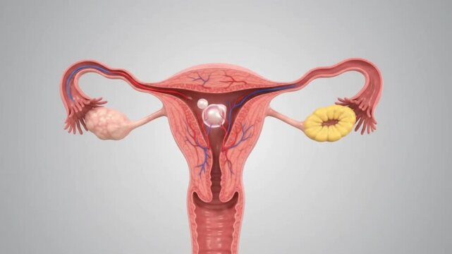 Detailed anatomical illustration of the female reproductive system showing various uterine and ovarian conditions.