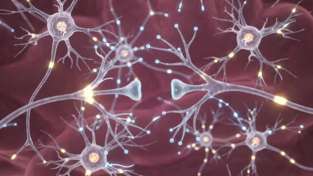 Detailed 3D rendering of interconnected neurons with active synapses in a neural network.