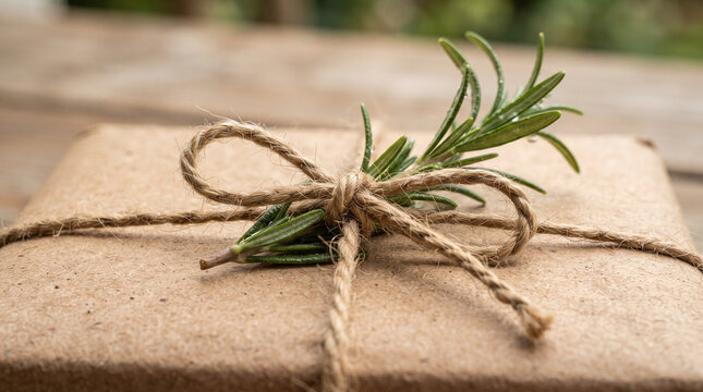 Rustic gift wrapping with twine and rosemary sprig on a brown paper package