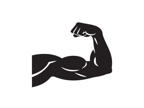 Black silhouette of a muscular arm flexing a bicep isolated on white
