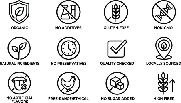Set of minimalist black outline food quality icons, organic ingredients, and product certification labels including non-gmo, gluten free, and natural symbols for packaging design vector illustration